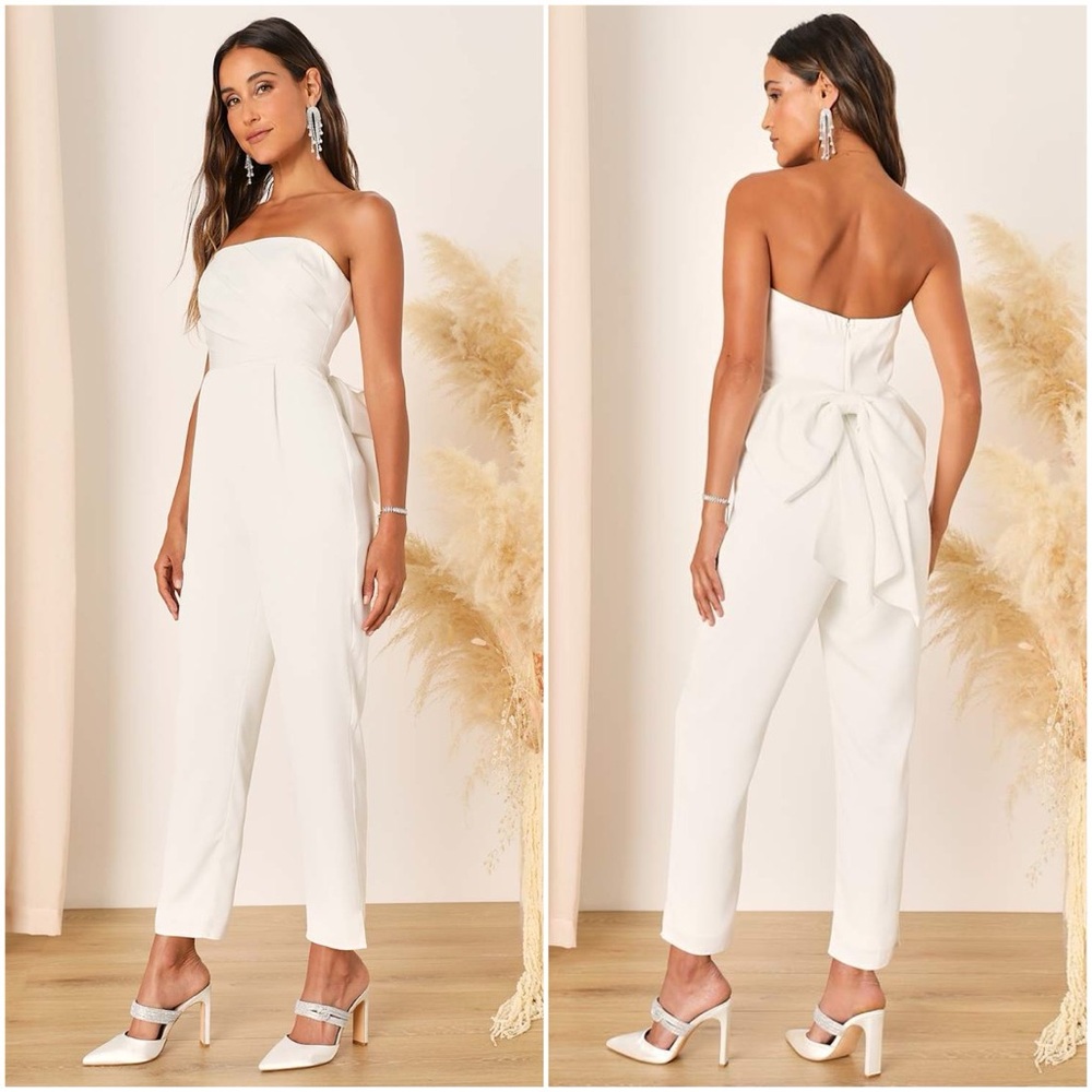 Lulus Beloved Bliss Strapless Jumpsuit Small White Satin Bow Slim Leg Bridal NWT